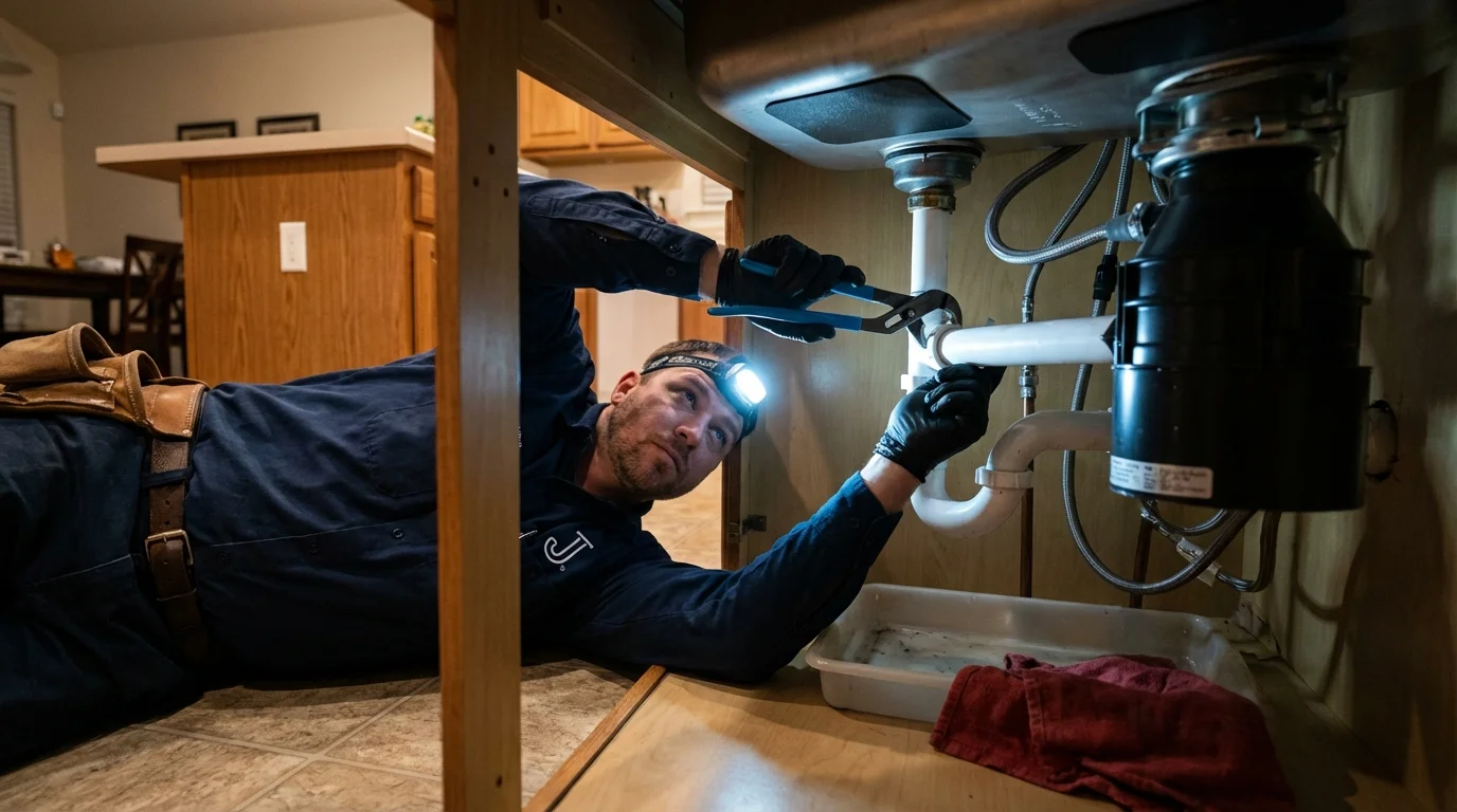 P-trap and supply line connections under a kitchen sink showing a common leak point in Foley, AL